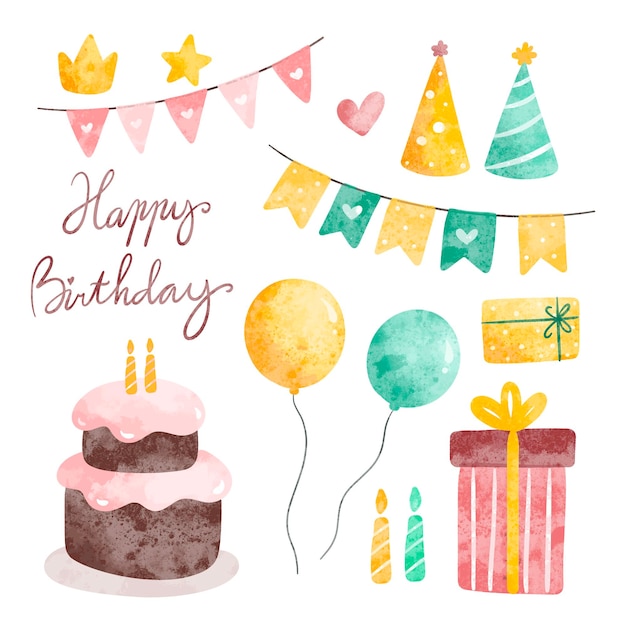 Vector watercolor illustration of birthday party set