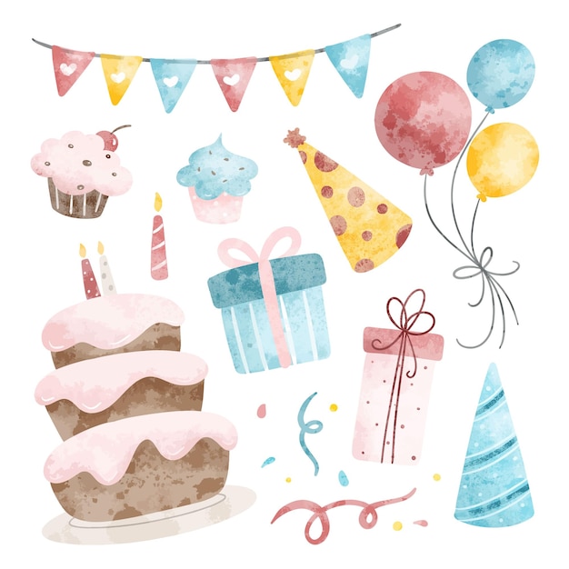 Vector watercolor illustration of birthday party set