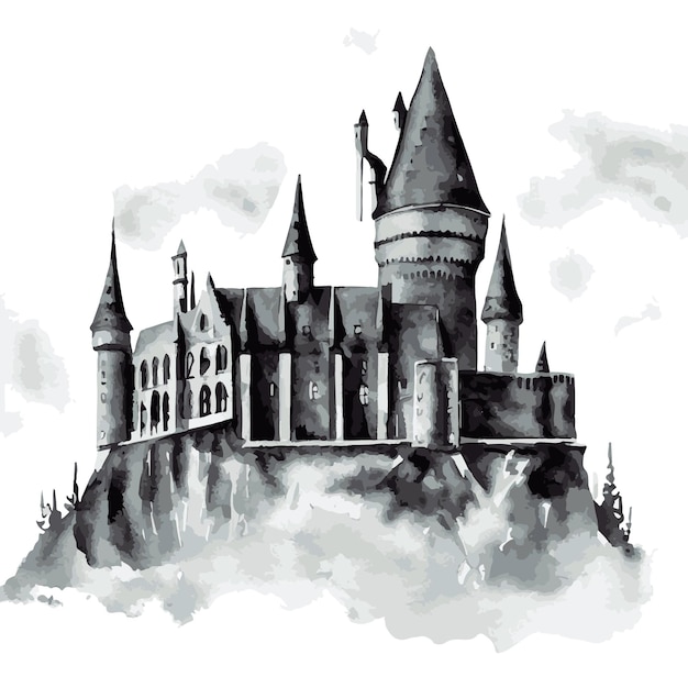 Watercolor illustration of a black castle