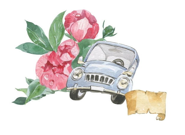 Watercolor illustration of a blue car with peonies