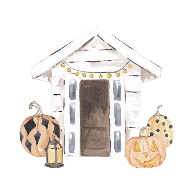 Watercolor illustration of blue entry door decorated with green and orange wreath and pumpkins