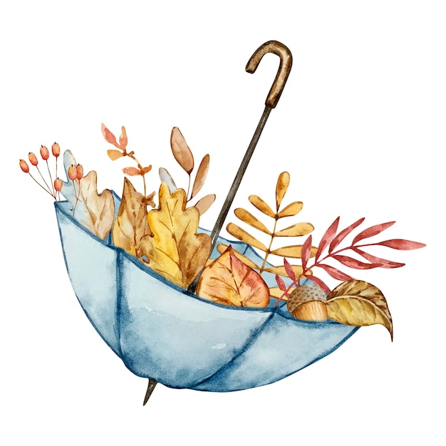 Watercolor illustration of a blue umbrella with autumn leaves