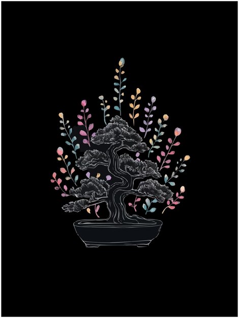 Vector a watercolor illustration of a bonsai tree surrounded by vibrant abstract florals perfect design