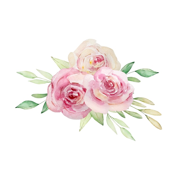 Watercolor illustration of a bouquet of light pink roses and leaves