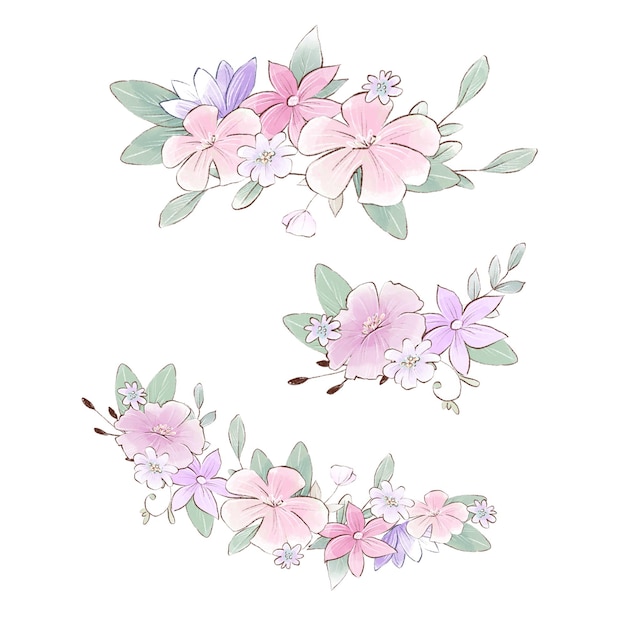 Watercolor illustration of bouquets composition with delicate spring flowers