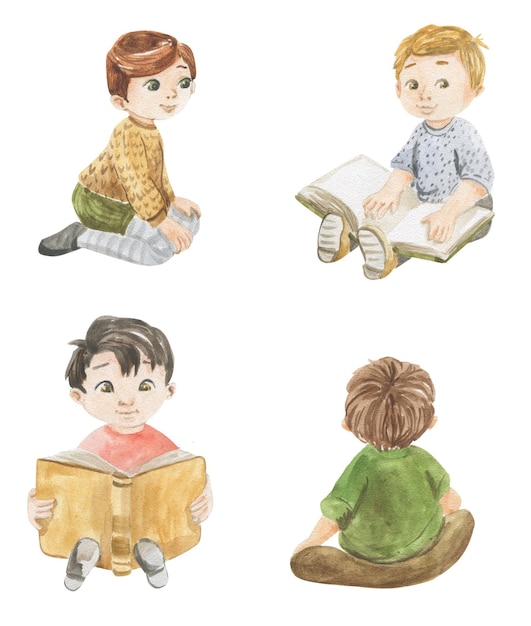 Watercolor illustration of boys with books