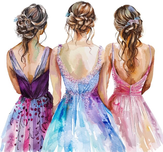 Vector watercolor illustration of bridesmaids in multicolored dresses