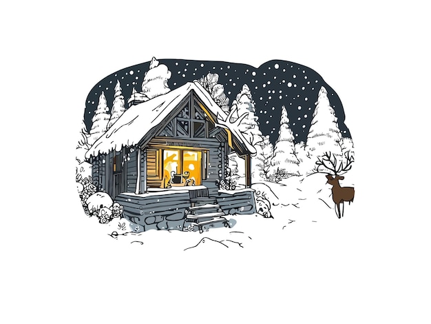 Watercolor illustration of cabin in forest with snow vector clipart image in white background