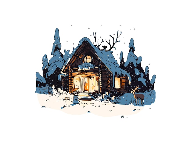 Watercolor illustration of cabin in forest with snow vector clipart image in white background