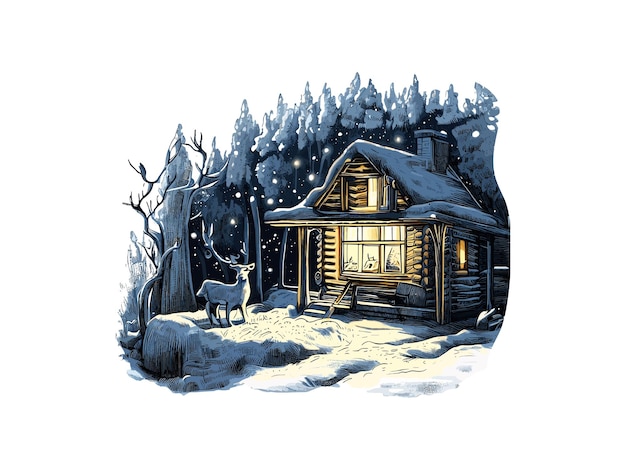 Watercolor illustration of cabin in forest with snow vector clipart image in white background