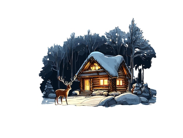 Watercolor illustration of cabin in forest with snow vector clipart image in white background