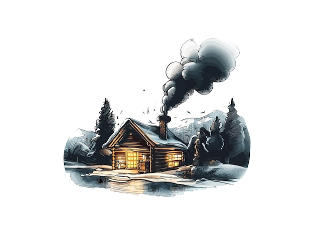 Watercolor illustration of cabin in forest with snow vector clipart image in white background