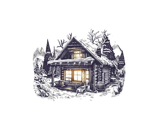 Watercolor illustration of cabin in forest with snow vector clipart image in white background