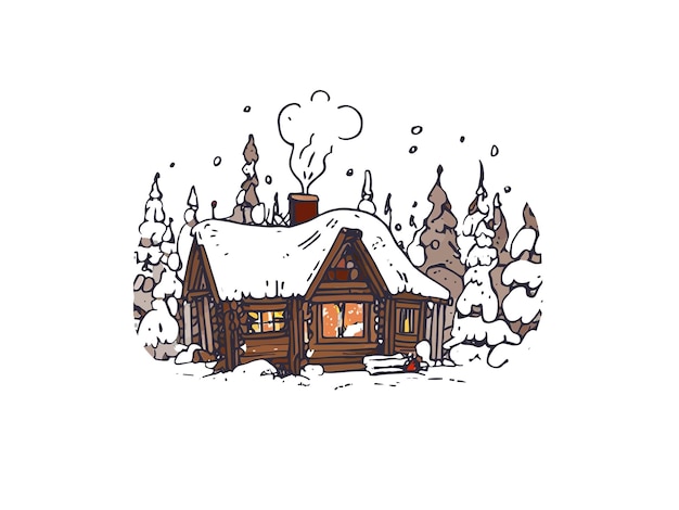 Watercolor illustration of cabin in forest with snow vector clipart image in white background