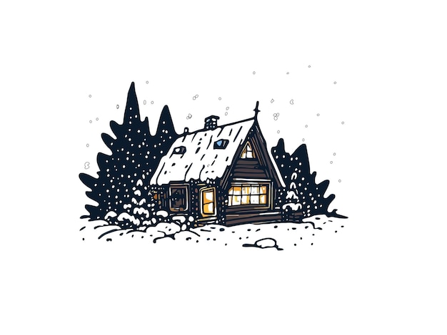 Watercolor illustration of cabin in forest with snow vector clipart image in white background