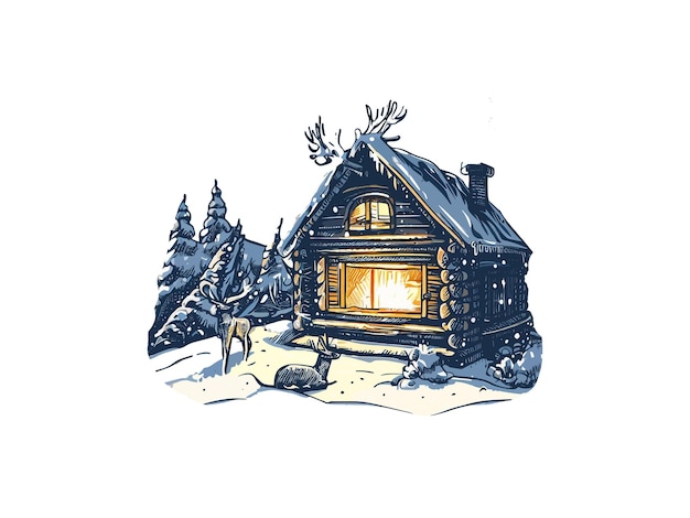 Watercolor illustration of cabin in forest with snow vector clipart image in white background