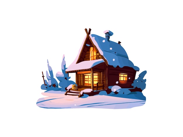 Watercolor illustration of cabin in forest with snow vector clipart image in white background