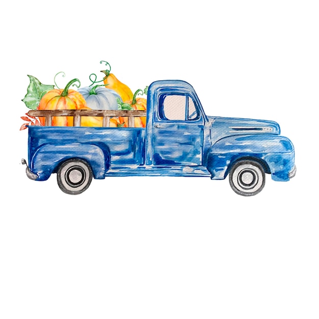 Watercolor illustration car with pumpkins composition