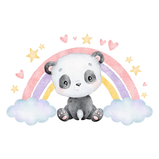 Watercolor illustration of a cartoon panda with rainbow Cute animals