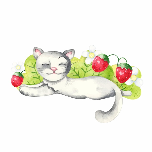 Watercolor illustration cat with berries