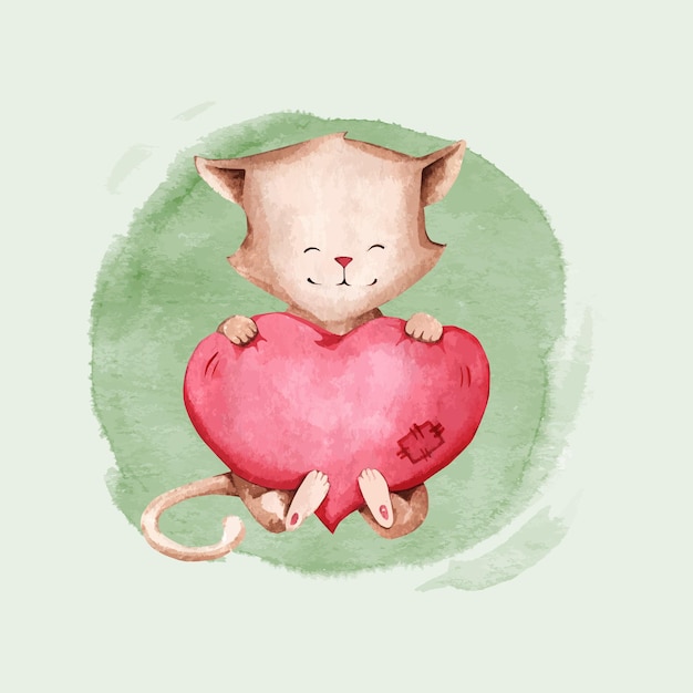 Vector watercolor illustration of a cat with a pink heart suitable for clothing wallpaper paper sticker