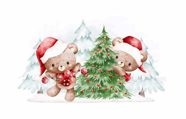 Watercolor Illustration Christmas Bear and Tree in Snow