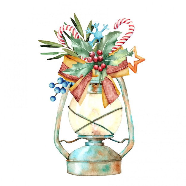 Watercolor illustration of Christmas decorated lamp