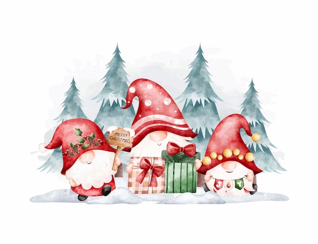 Watercolor Illustration Christmas Gnomes and Tree with Christmas Gifts