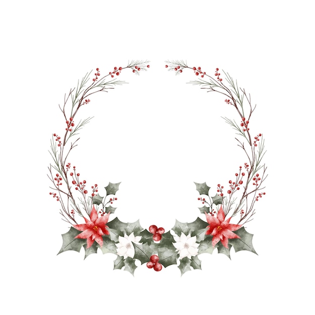 Vector watercolor illustration christmas wreath from flowers and holly plants