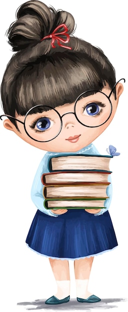 Watercolor illustration clipart girl with books cute character, student, childish, child,