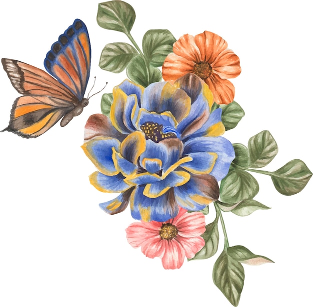 Watercolor illustration composition flowers and butterfly