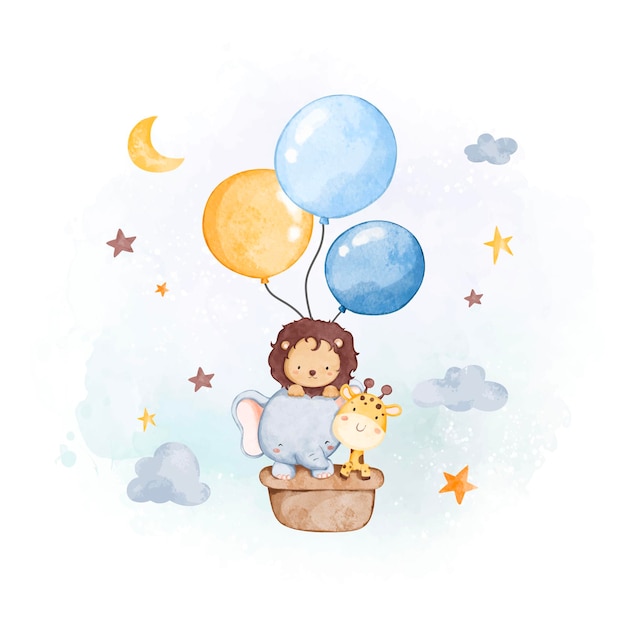 Watercolor illustration cute animals and balloon with clouds and stars