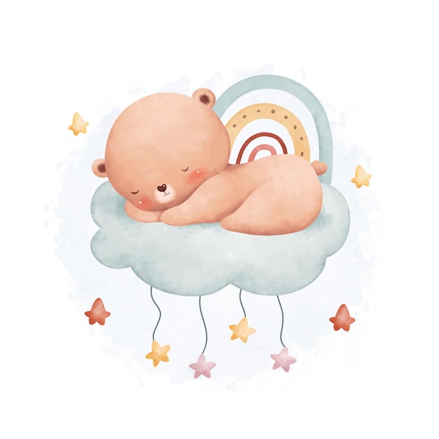 Watercolor illustration cute baby bear sleeps on cloud with rainbow and stars