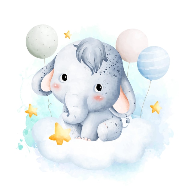 Watercolor illustration Cute baby elephant and balloons sitting on the cloud