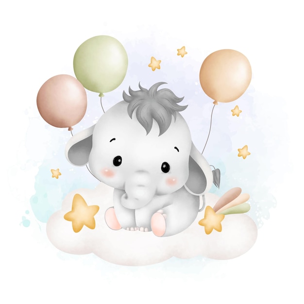 Watercolor Illustration cute baby elephant on cloud with balloons and stars