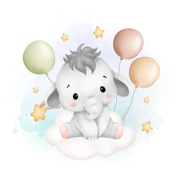 Watercolor Illustration cute baby elephant on cloud with balloons and stars