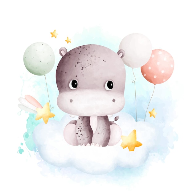 Watercolor illustration Cute baby hippo and balloons sitting on the cloud