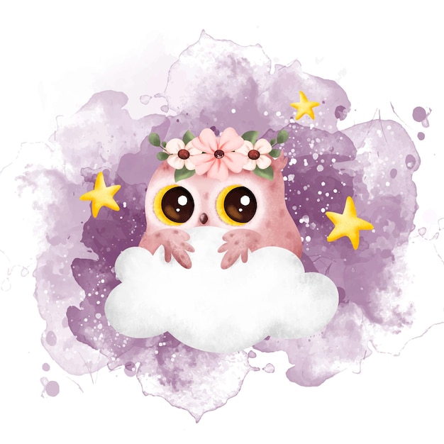 Watercolor Illustration cute baby owl and stars