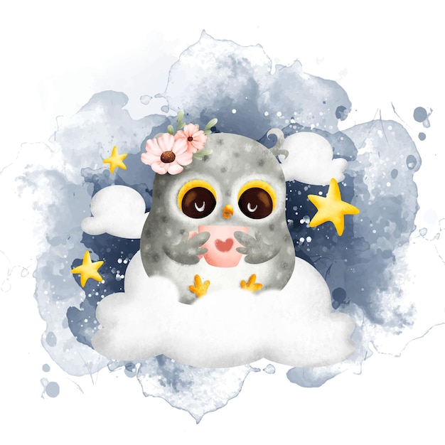 Watercolor Illustration cute baby owl and stars