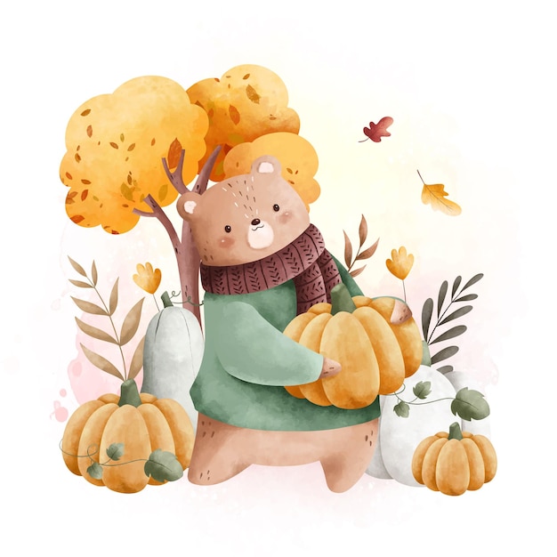 Watercolor Illustration cute bear and pumpkin with tree and autumn leaves