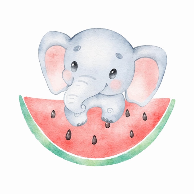 Watercolor illustration of a cute cartoon elephant Cute tropical animals