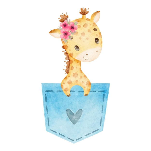 Watercolor illustration of a cute cartoon giraffe Cute tropical animals