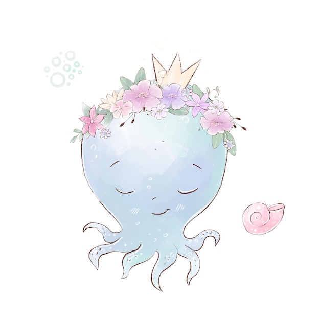 Watercolor illustration of cute cartoon octopus with delicate flowers