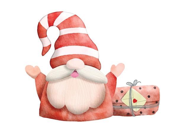 Watercolor illustration of cute Christmas gnome