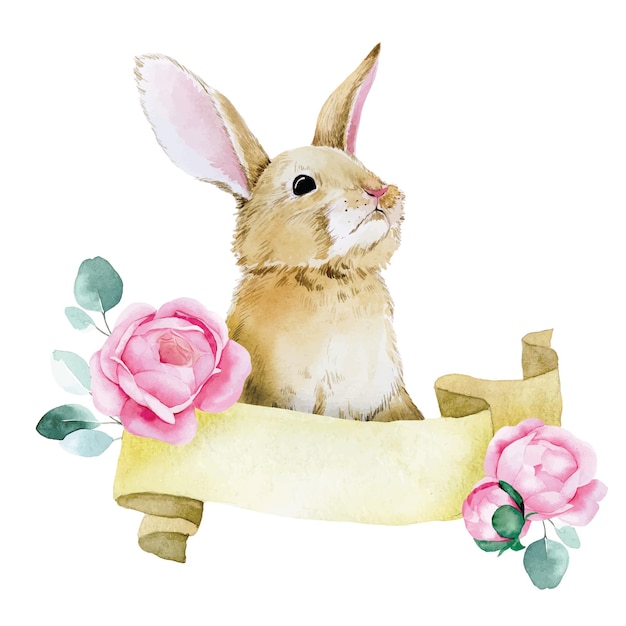 watercolor illustration cute easter bunny with flowers decoration for greeting card Easter bunny