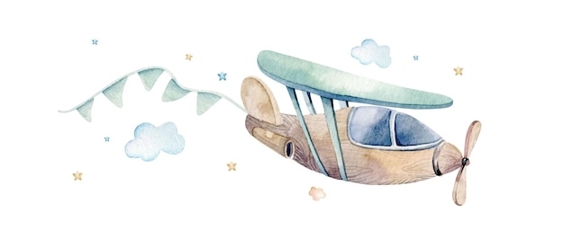 Watercolor illustration of a cute and fancy sky scene with airplane, clouds, ribbons.