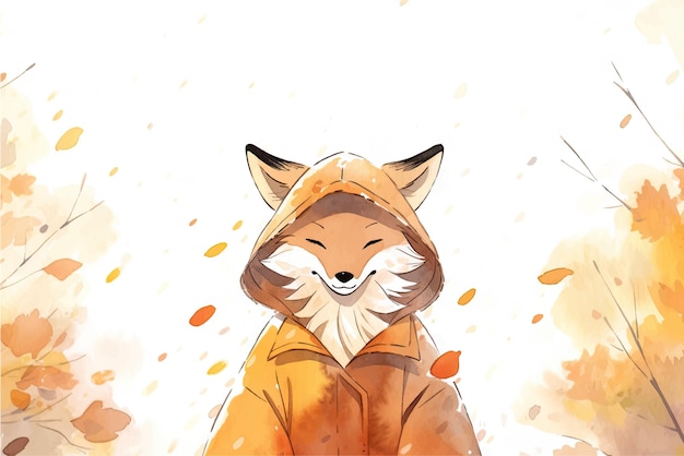 Watercolor illustration of a cute fox on a background of autumn leaves