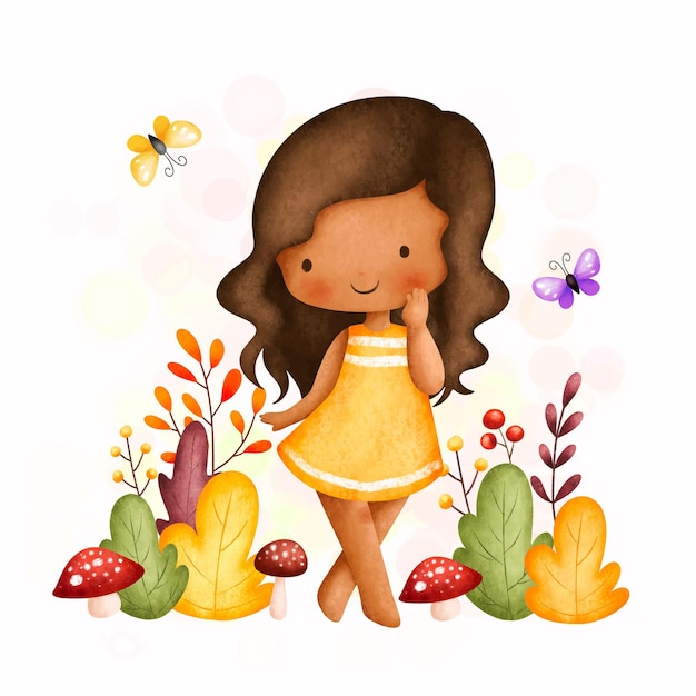 Watercolor Illustration cute girl in the garden with butterfly and autumn leaves