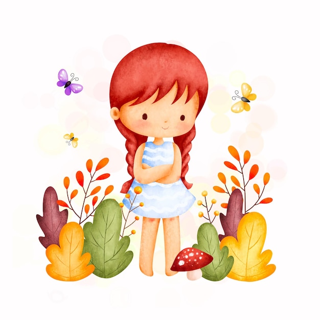 Watercolor Illustration cute girl in the garden with butterfly and autumn leaves