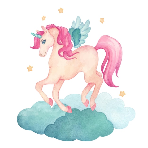 Watercolor illustration of a cute jumping unicorn with wings on clouds with stars in pink and turquoise colors Fairytale cartoon character